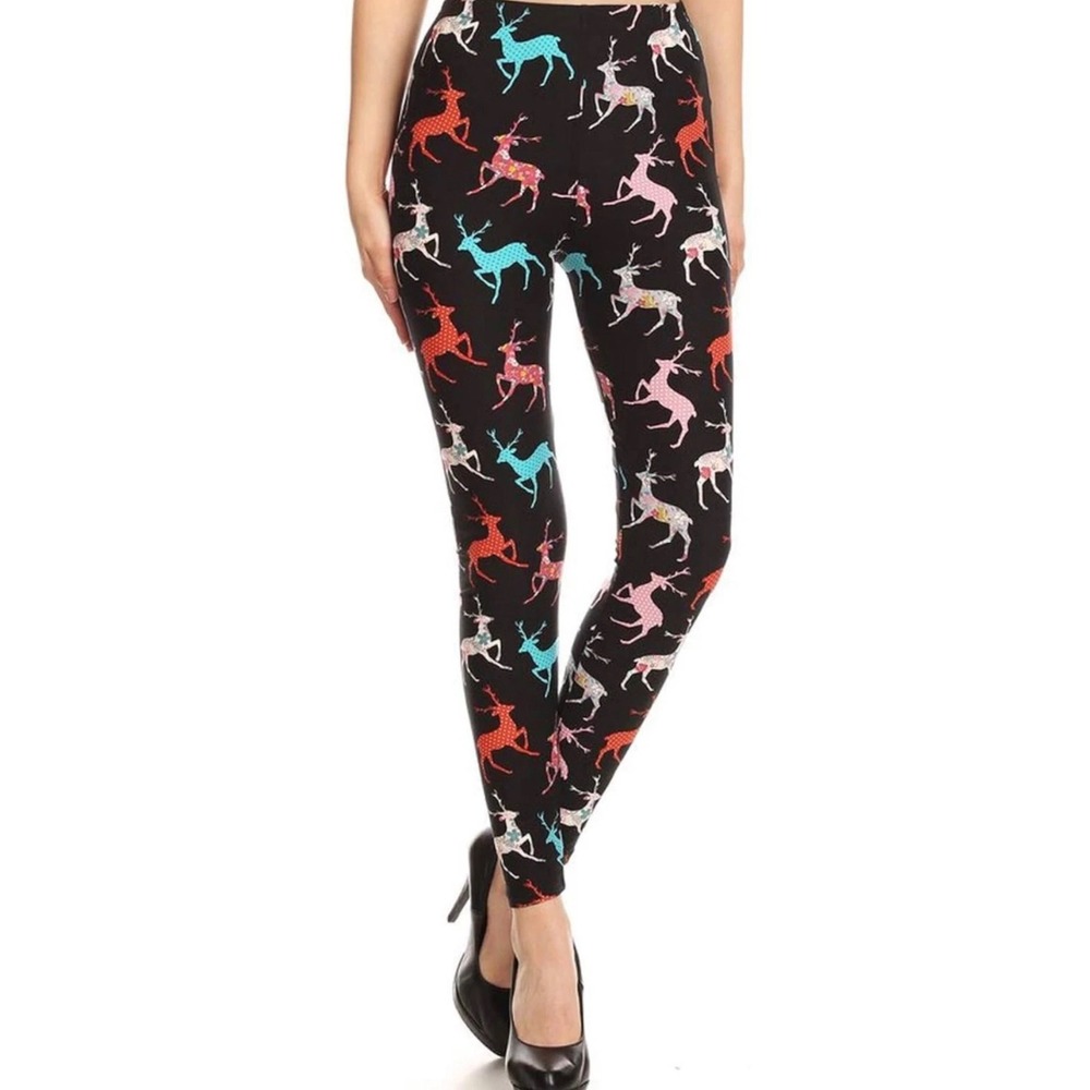 Leggings Depot Reindeer Print Holiday Leggings Black Multi One Size